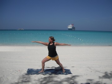 Yoga on the beach at Half Moon Cay, Bahamas August 2010